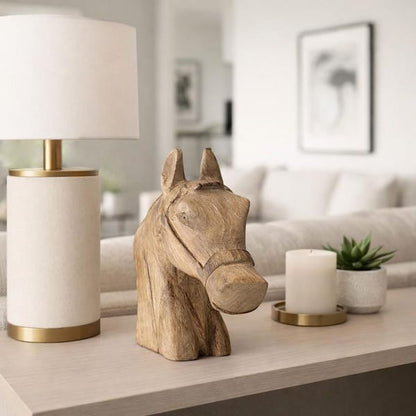 Horse Sculpture Table Lamp, Beige Linen Shade, 29 Inch Black Iron