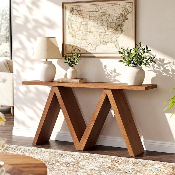 Mao Sofa Console Table, 60 Inch Narrow Top and Panel Legs, Rustic Brown