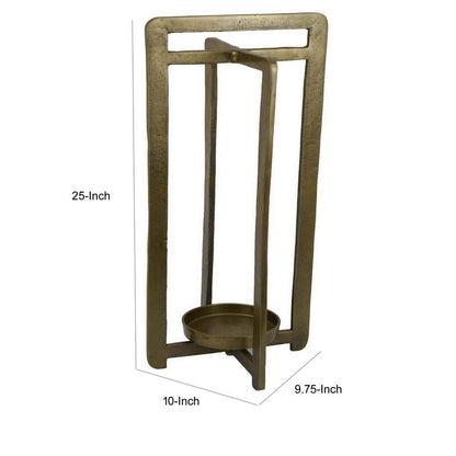 Eya 25 Inch Modern Tabletop Candle Lantern with Round Plate, Gold Metal