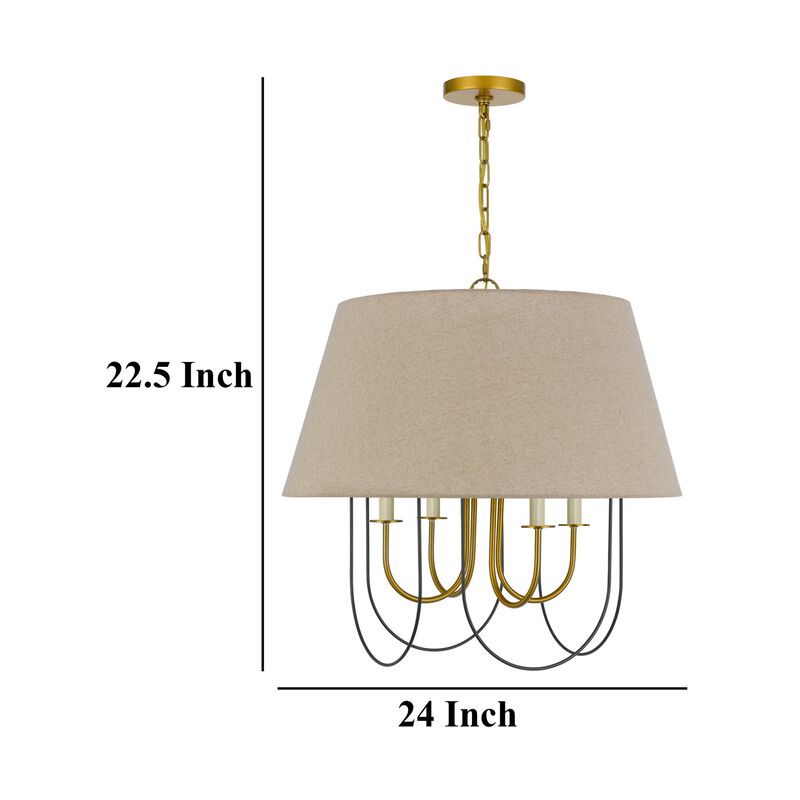 Pomy 24 Inch Chandelier, Hardback Burlap Shade, Gold Black Metal