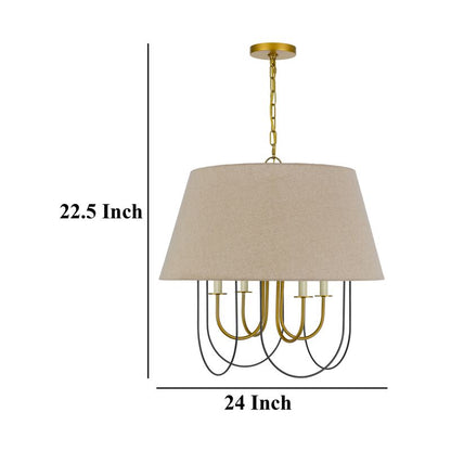 Pomy 24 Inch Chandelier, Hardback Burlap Shade, Gold Black Metal
