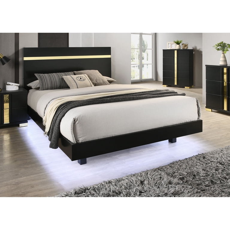Black 1pc Full Size Bed Underbed LED Modern Bedroom Furniture Acrylic Trim Mattress Ready Bedframe