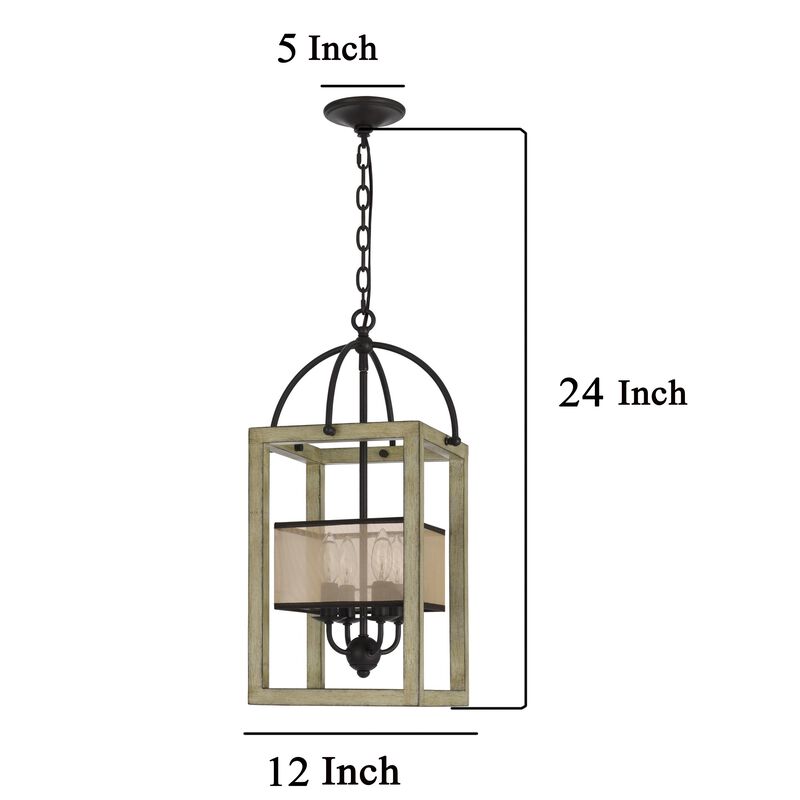 Acia 12 Inch Chandelier, Distressed Brown Organza Shade, Wood, Metal