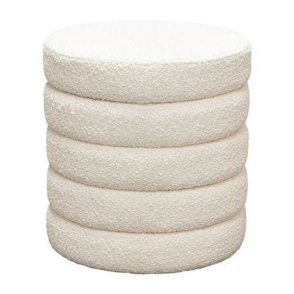 Accent Ottoman, 17 Inch, Ivory Boucle Upholstery, Round Stacked Design