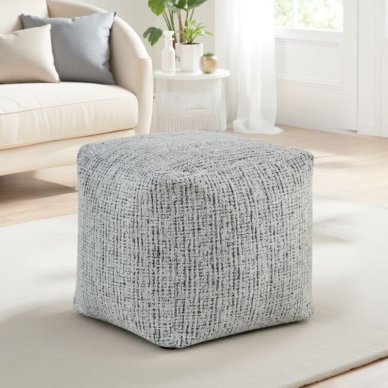 Modern Pouf Ottoman, Black White Textured Chenille, 16 Inch Square