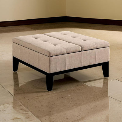 Orin 36 Inch Ottoman, Split Storage Lid, Tufted Beige Upholstery, Wood