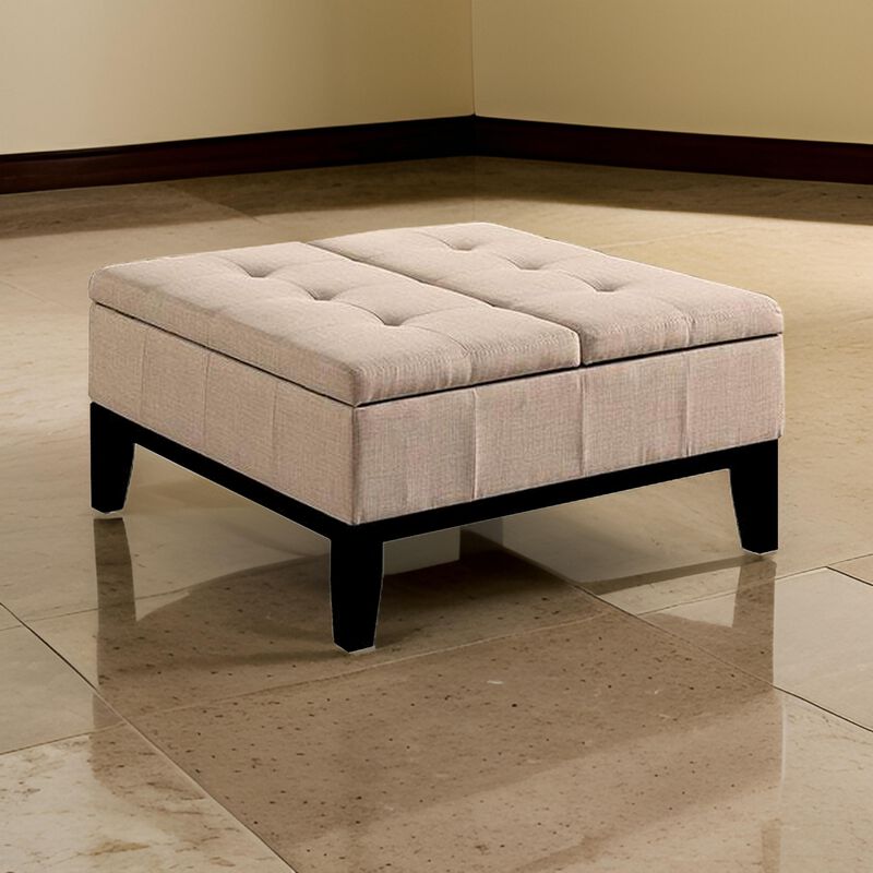 Orin 36 Inch Ottoman, Split Storage Lid, Tufted Beige Upholstery, Wood