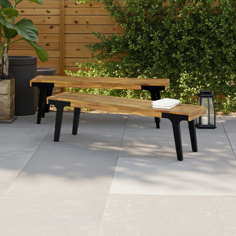 Sheldon Outdoor Bench Set of 2, Slat Panel, 63 Inch Brown Wood, Black