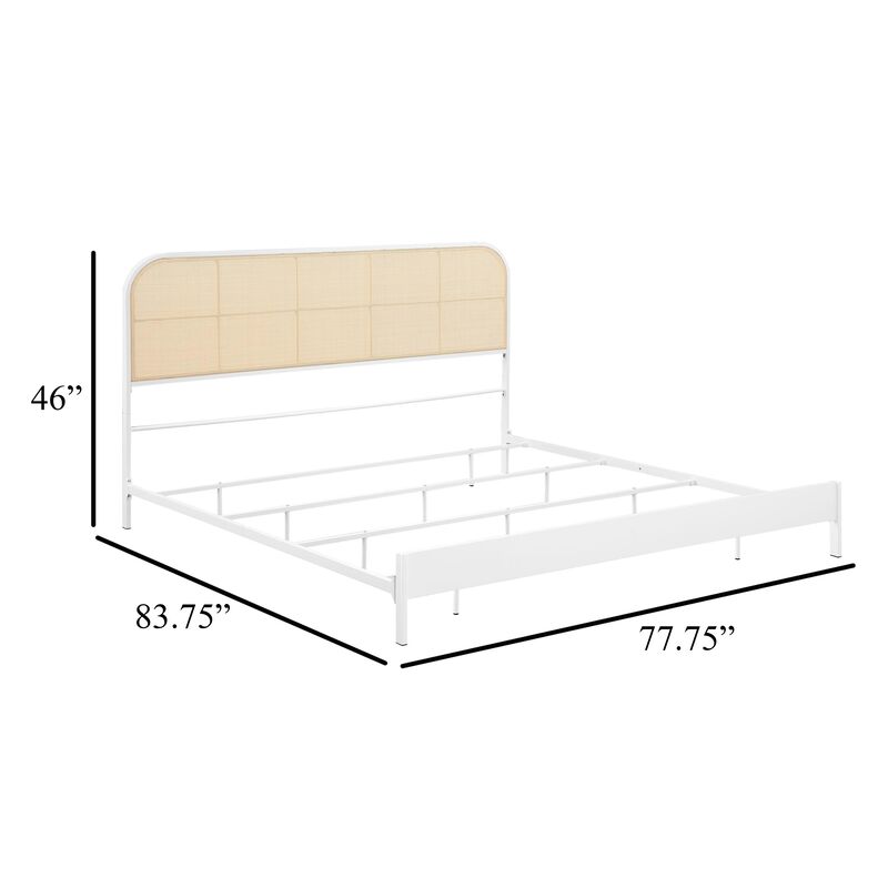 Ammy Queen Bed, Radio Weave Headboard, Brown Faux Rattan, White Metal