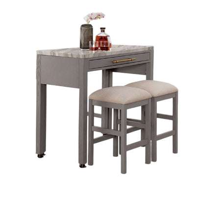 Helly 3pc Counter Height Table and 2 Stool Set, Gray Faux Marble Top
