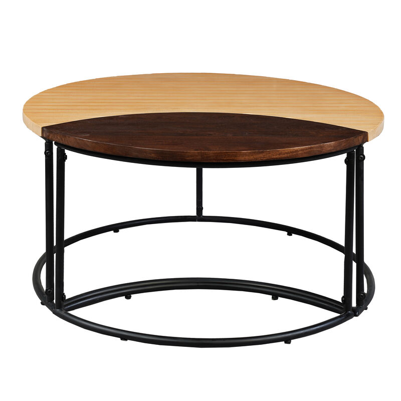 35 Inch 2 Piece Coffee Table with Black Iron Frame, 2 Tone Mango Wood Top In Natural Brown and Walnut