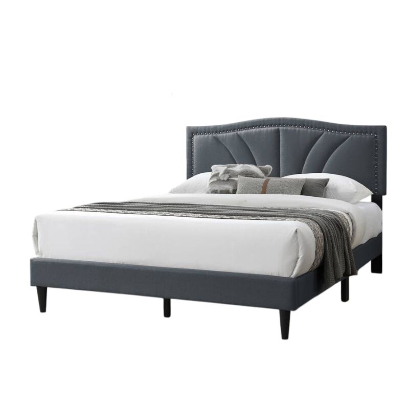 Reo Queen Size Bed, Charcoal Gray Burlap Upholstered Curved Headboard