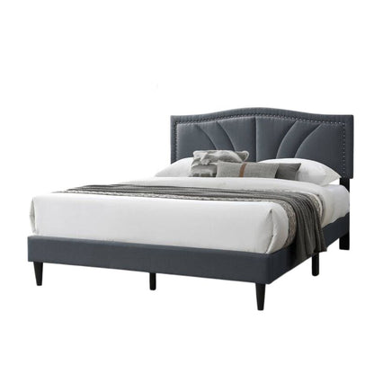 Reo Queen Size Bed, Charcoal Gray Burlap Upholstered Curved Headboard