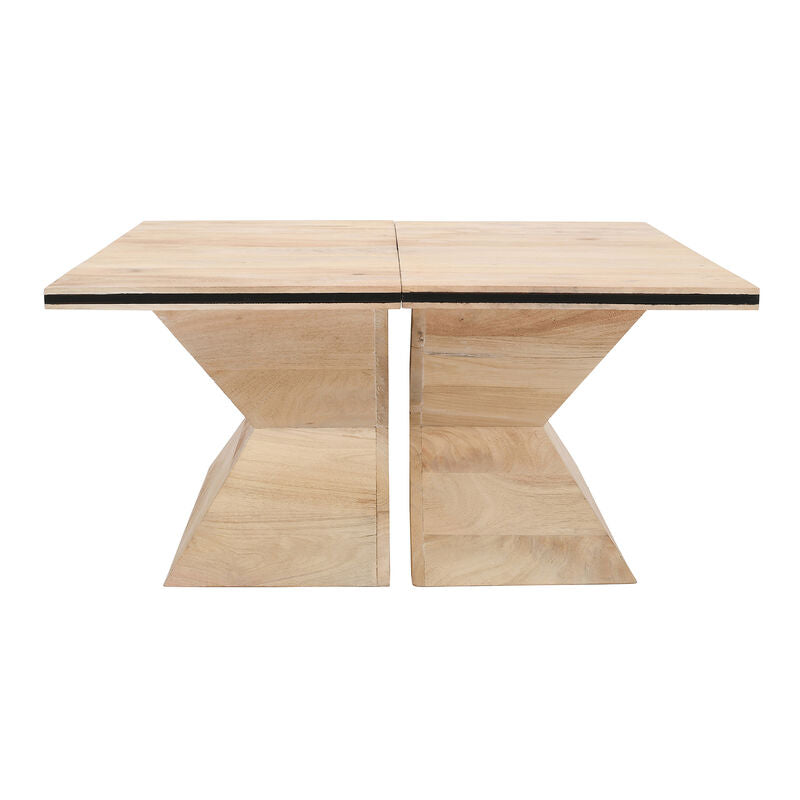 34 Inch Coffee Table, Handcrafted 2 Piece Split Design with Hourglass Base, White Washed Natural Mango Wood