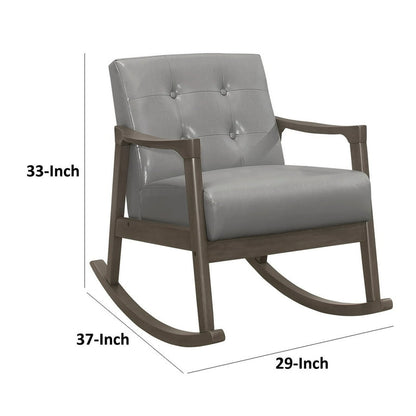 Ciao 37 Inch Rocking Chair Armchair, Light Gray Faux Leather, Solid Wood