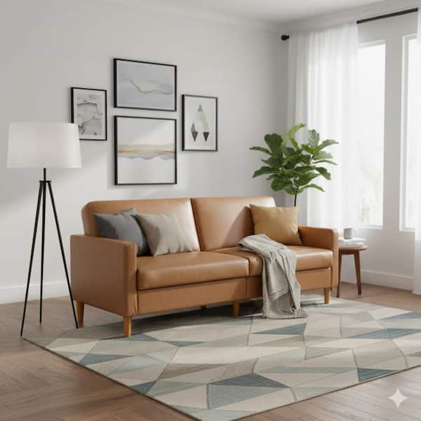Mala Sleeper Sofa, Foam Padded, Camel Brown Faux Leather, Wood Frame