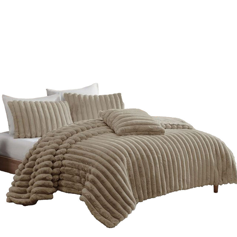 Sieno 4pc King Comforter Set, Taupe Brown Faux Fur, Micro Mink Backing