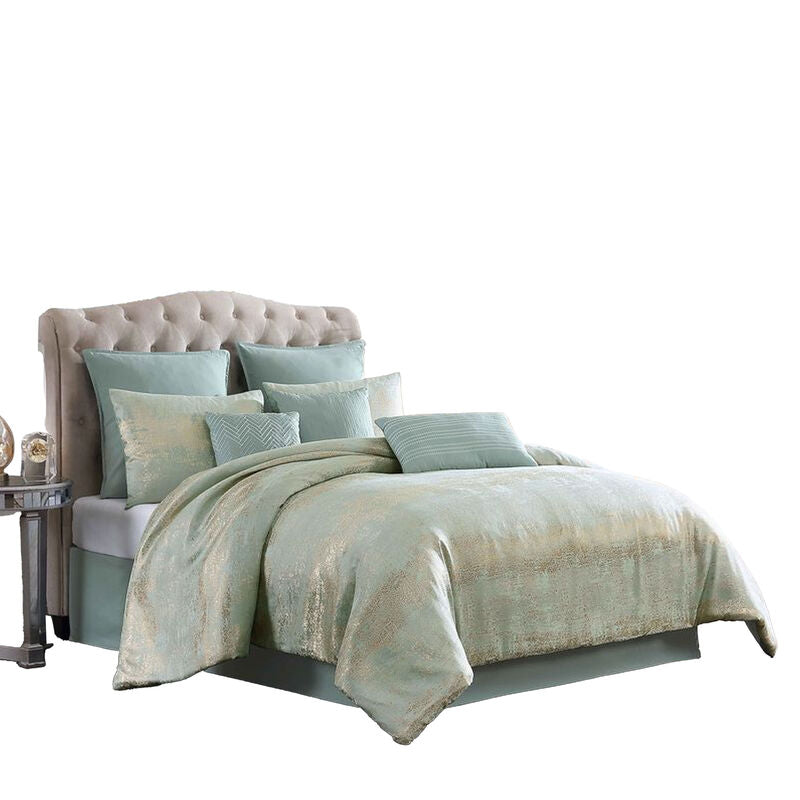 Teesa 9pc Queen Comforter Set, Shams, Blue and Gold Woven Jacquard