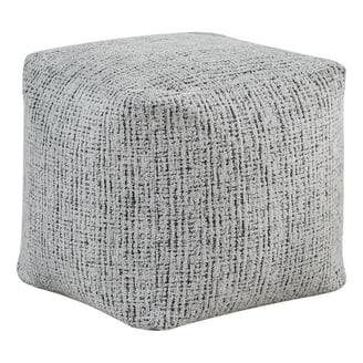 Modern Pouf Ottoman, Black White Textured Chenille, 16 Inch Square