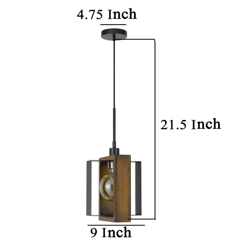 Gen 9 Inch Mini Pendant Light Fixture w Bulb, Black Metal, Pine Wood