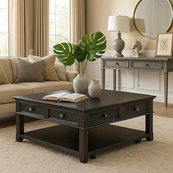 Riel Cocktail Coffee Table w Storage, 38 Inch Lift Top, Charcoal Black