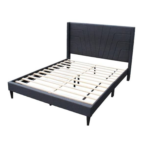 Nny Queen Size Bed with Tufted Headboard, Charcoal Burlap Upholstery, Wood
