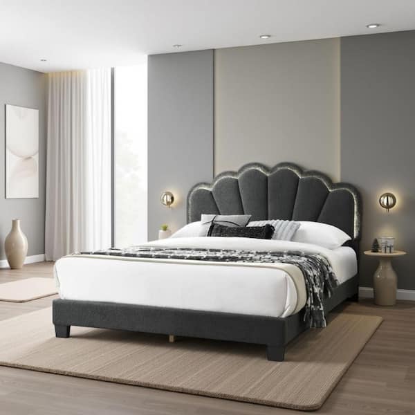 Geny Queen Size Bed, Charcoal Gray Wool Upholstery and LED, Glam Arch