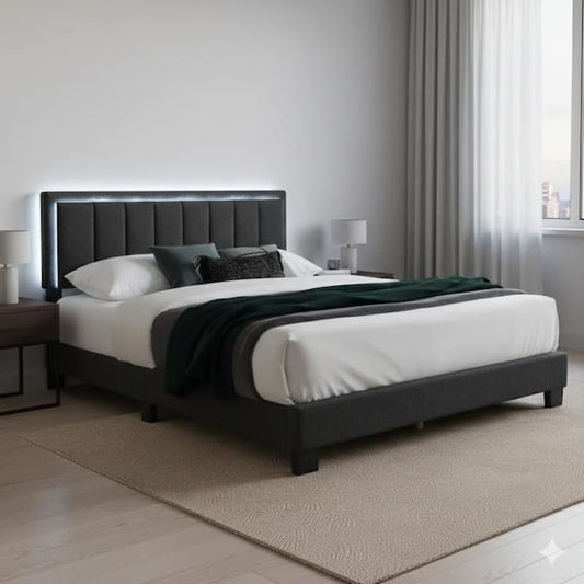 Jiana Full Bed, Charcoal Gray Wool Upholstery, LED Headboard