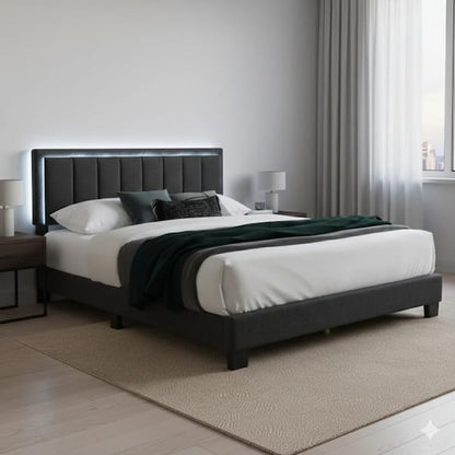 Jiana Full Bed, Light Gray Wool Upholstery, LED Headboard