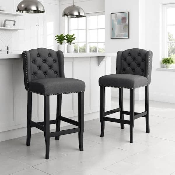 Seliva Counter Stool Chair Set of 2, Light Gray Fabric, Tufted, Brown Wood