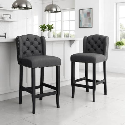 Seliva Counter Stool Chair Set of 2, Light Gray Fabric, Tufted, Brown Wood