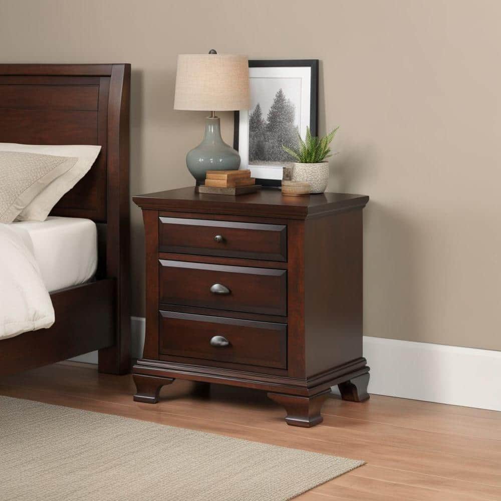 Wooden Night Stand With 3 Drawers In Cherry Brown