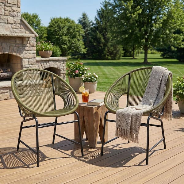 Outdoor Bistro Chair Set of 2, Gray Faux Rattan, Natural Brown Metal