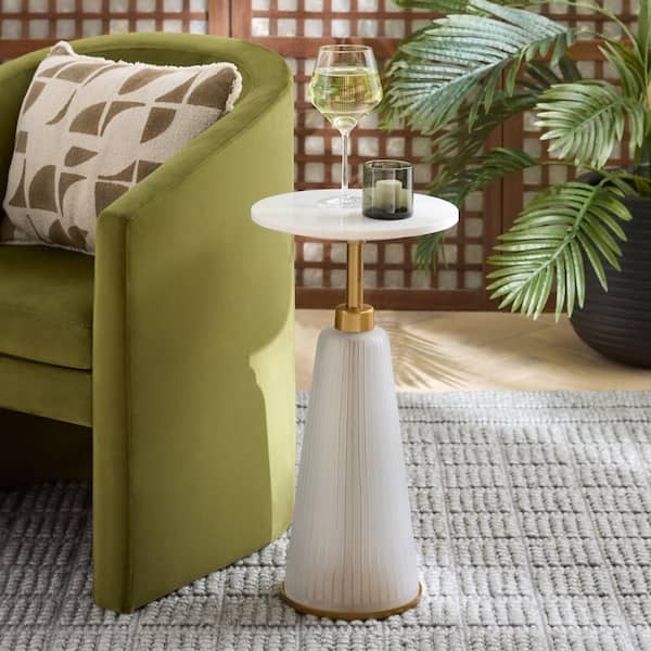 Hex Accent Table, 12 Inch Round Recycled Glass Top, Gold Iron Frame