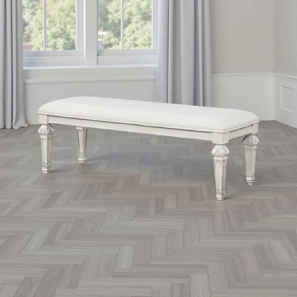 Miamy Bench, Cream White Wood Frame, Textured Fabric, 55 Inch
