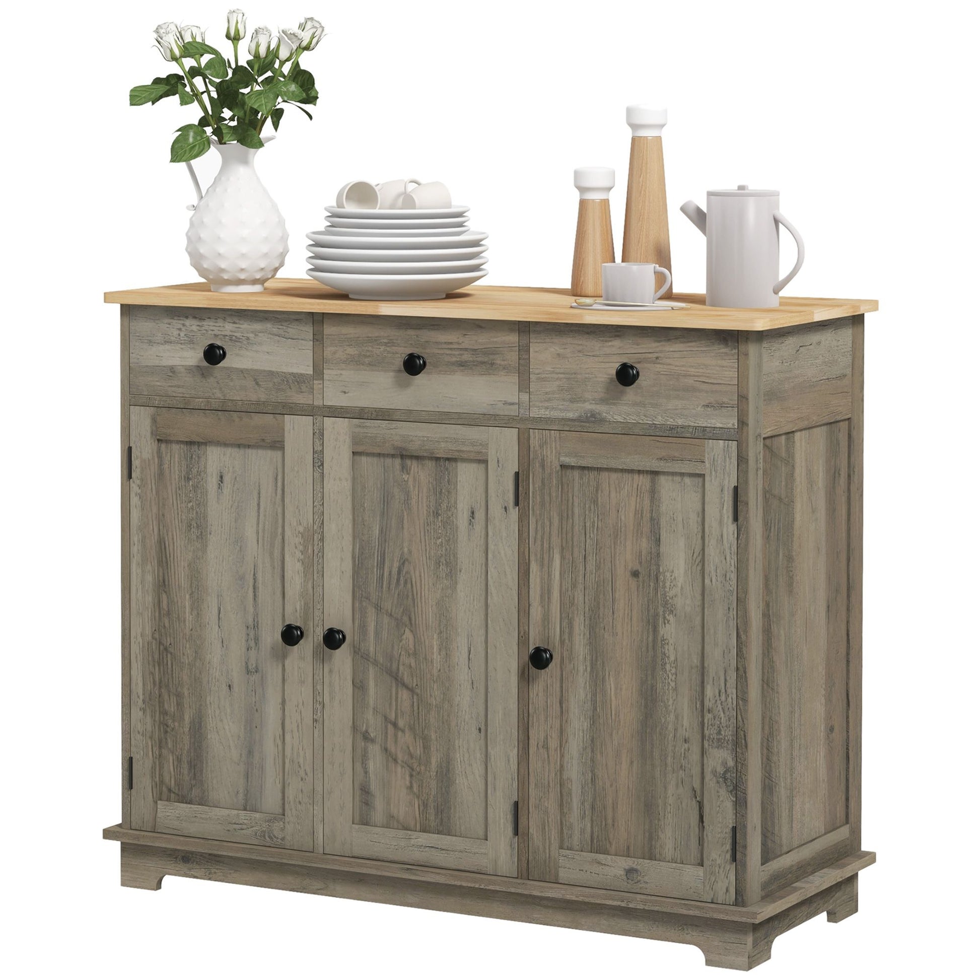 40-inch distressed gray storage cabinet sideboard with multiple drawers and lower doors, natural wood top.
