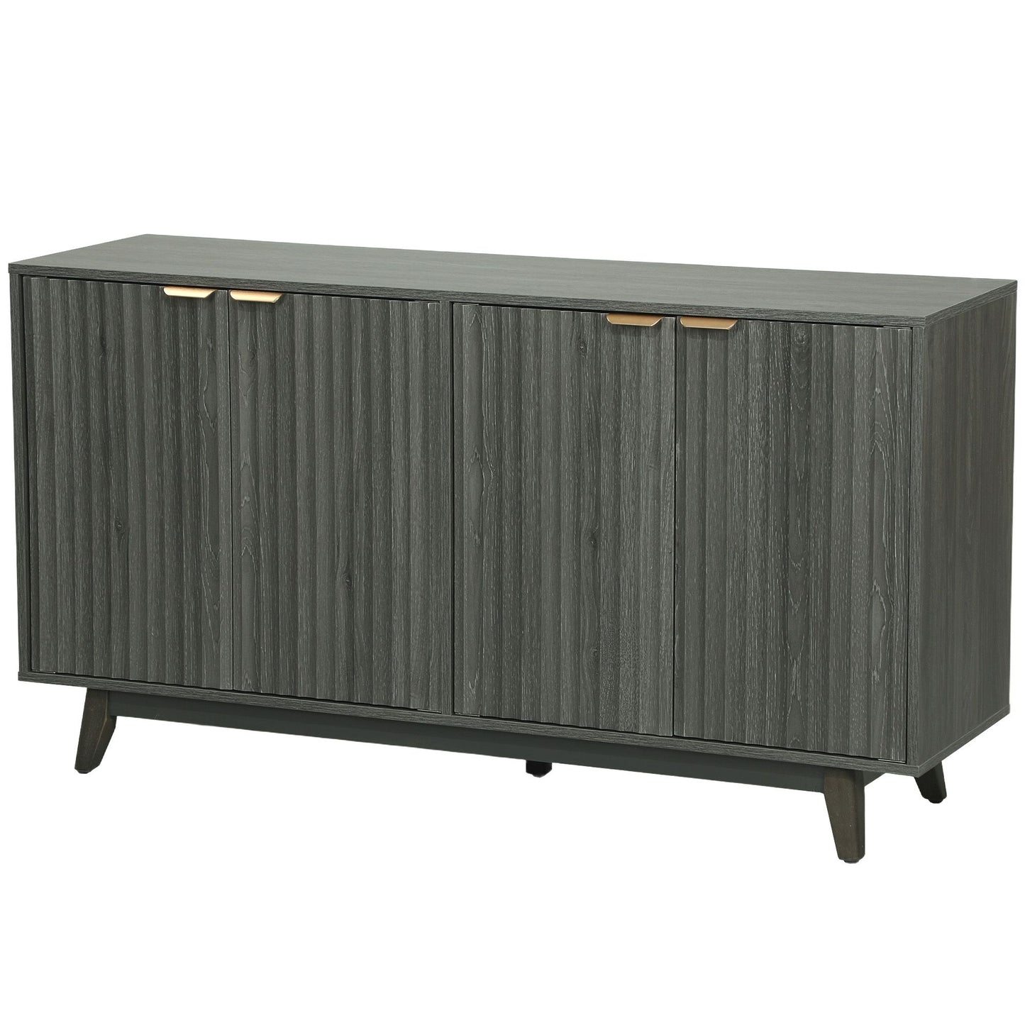 Fluted sideboard cabinet, 55-inch distressed gray buffet with four doors and wooden legs.