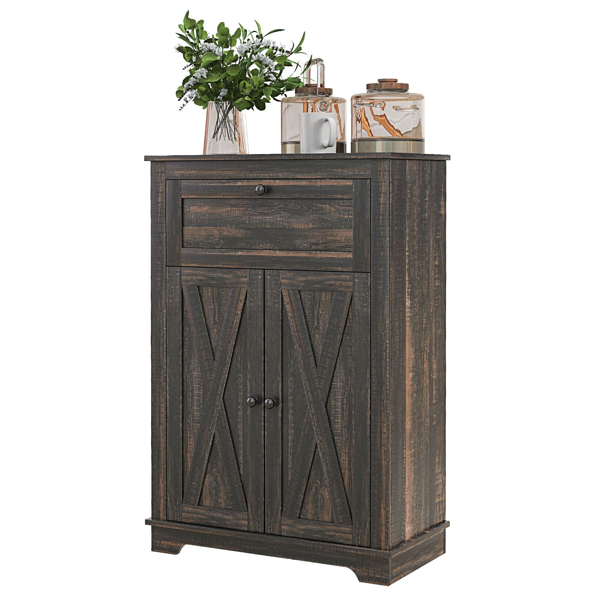 Sideboard storage cabinet, dark brown farmhouse style with doors and a drawer, top vase and two canisters