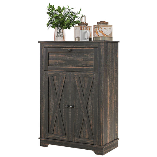 Sideboard storage cabinet, dark brown farmhouse style with doors and a drawer, top vase and two canisters