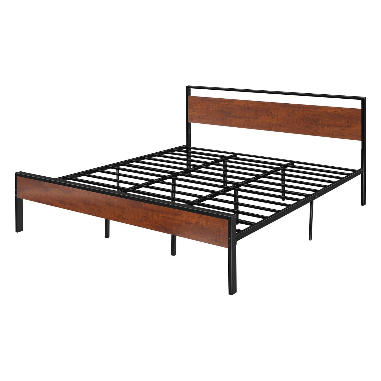 King size 14-inch black metal platform bed frame with retro brown wooden headboard and footboard, under-bed storage