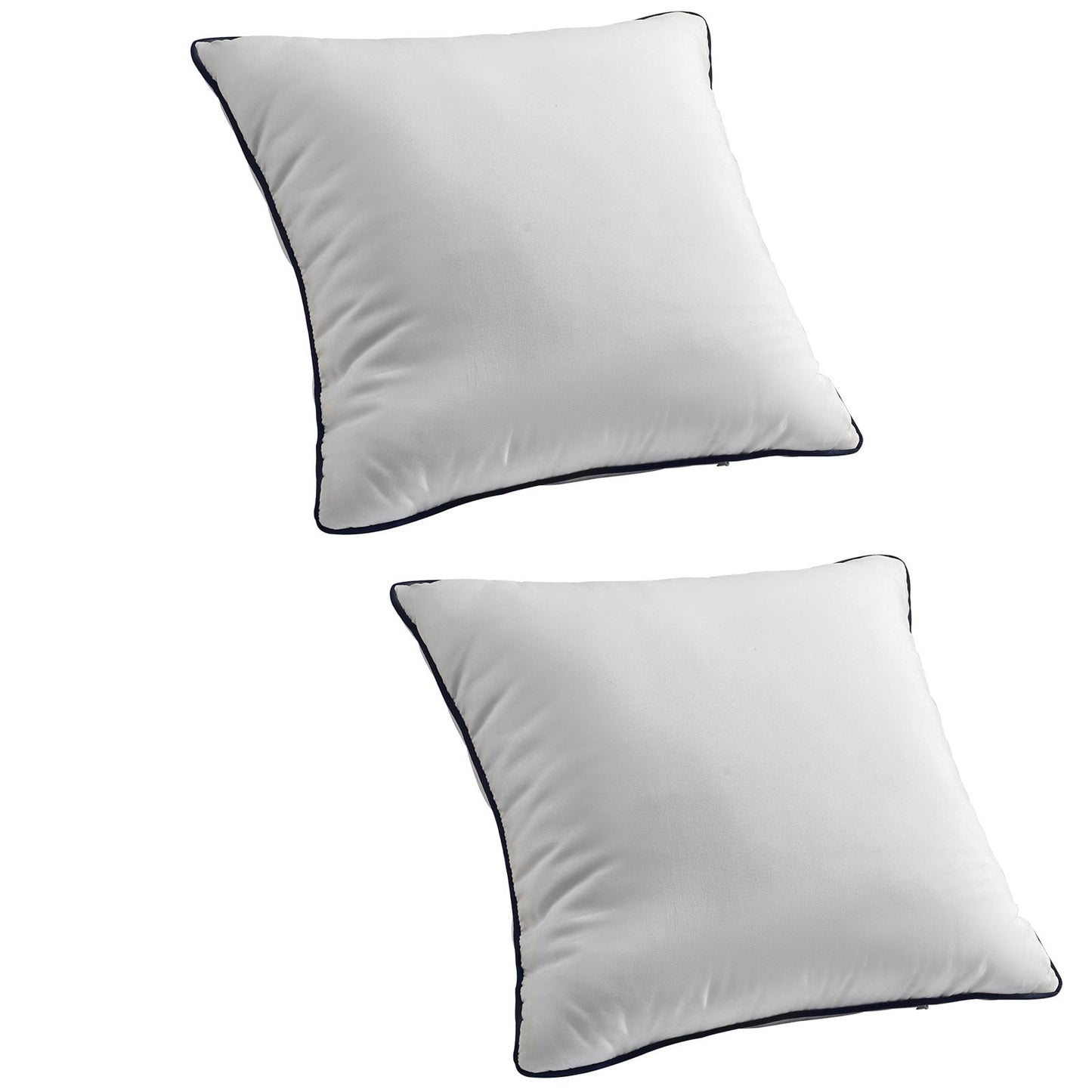 Three white 20x20 in square throw pillow inserts with navy piping and zipper closures