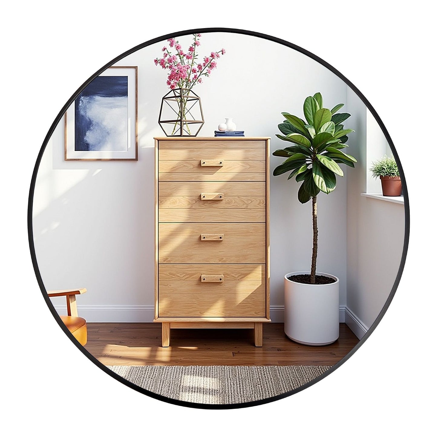 Round black metal-frame wall mirror, 24-inch diameter, ideal for living room or bathroom.