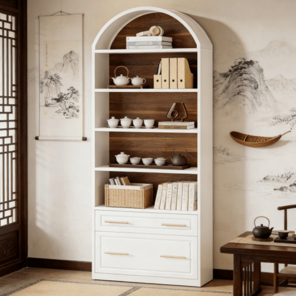 Doba Shelf Book/Tall Bookshelf with elegant arch design, white exterior and wood interior, open shelves for books and teaware.