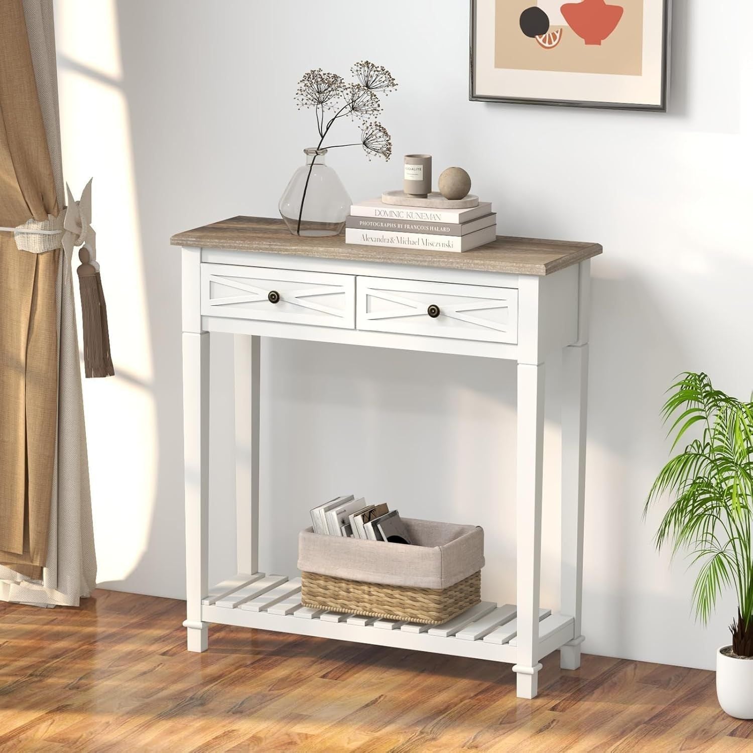 PPL console table with 2 drawers, white finish, natural wood top, open lower shelf, by Doba.