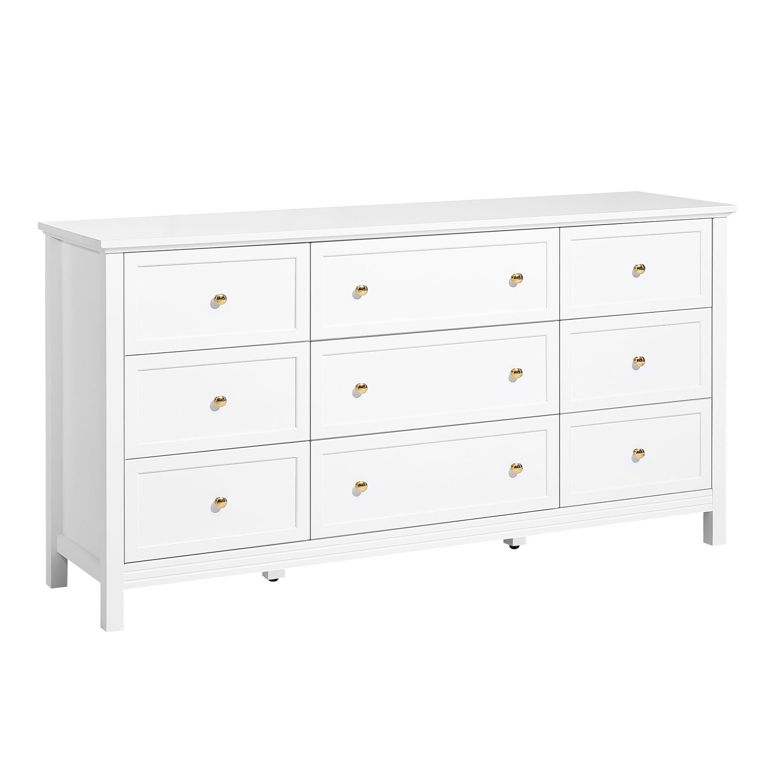 9-drawer white dresser by Doba, wooden chest with gold knob pulls and clean minimalist framed fronts.
