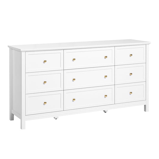 9-drawer white dresser by Doba, wooden chest with gold knob pulls and clean minimalist framed fronts.