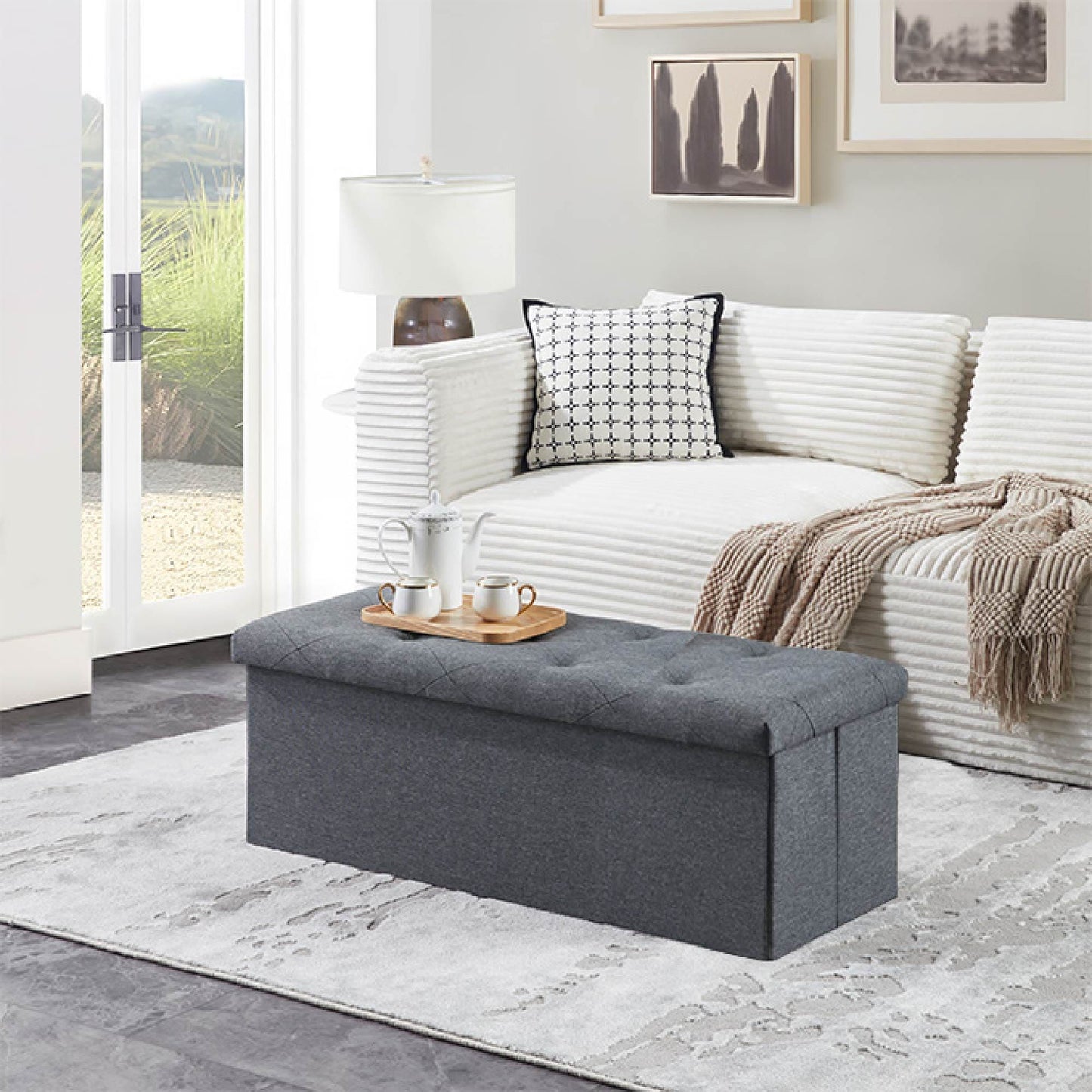 Folding Storage Ottoman Bench gray fabric, 43-inch living room footrest and storage chest