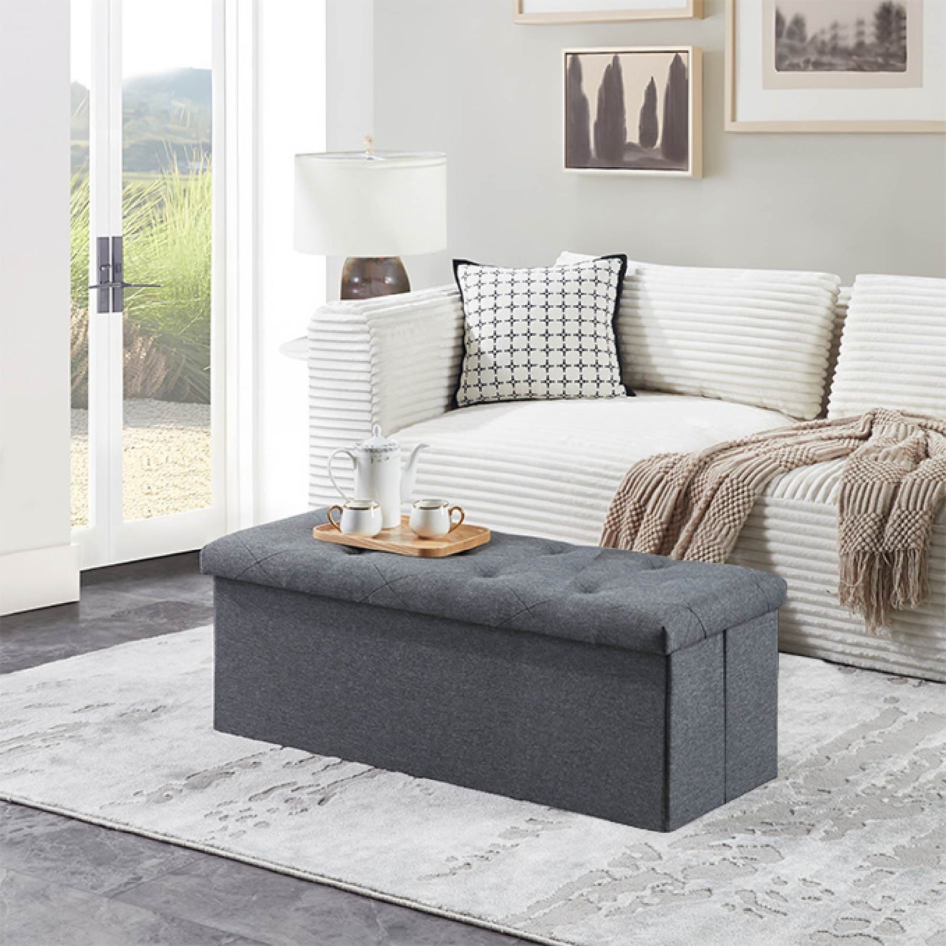 Folding Storage Ottoman Bench gray fabric, 43-inch living room footrest and storage chest