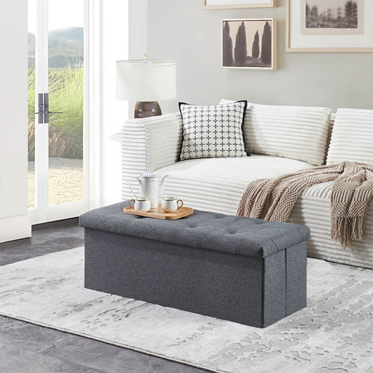 Folding Storage Ottoman Bench gray fabric, 43-inch living room footrest and storage chest