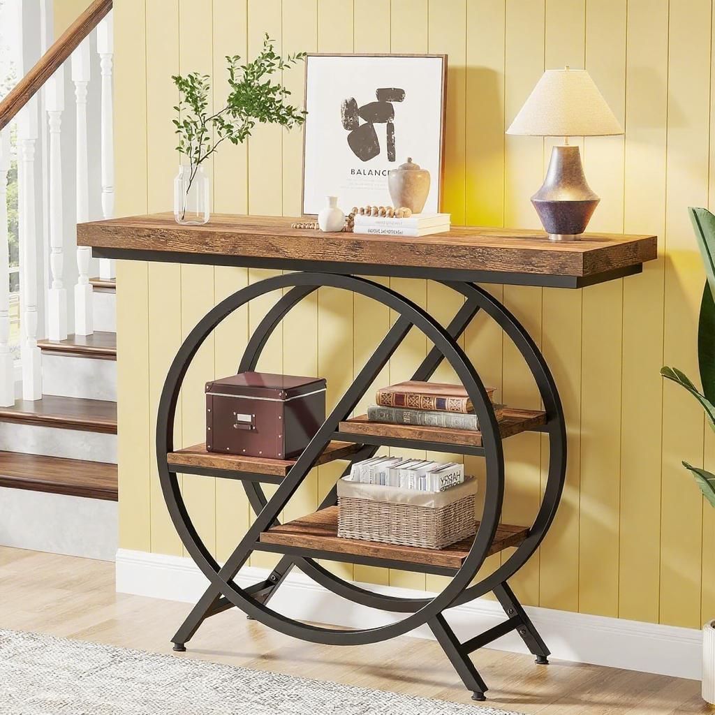 Entryway console table with circular black metal frame and wooden top